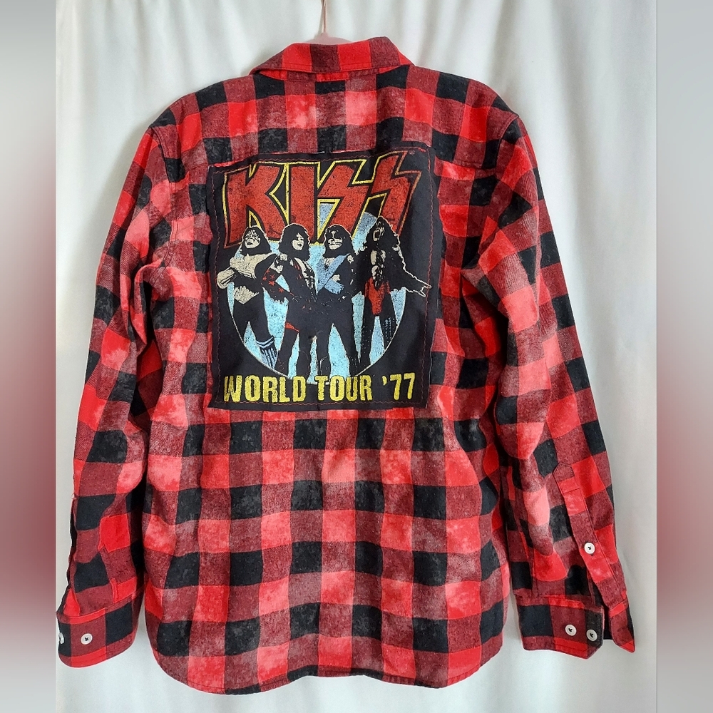 Upcycled Red and Black KISS World Tour '77 Plaid Button-Down Flannel Shirt